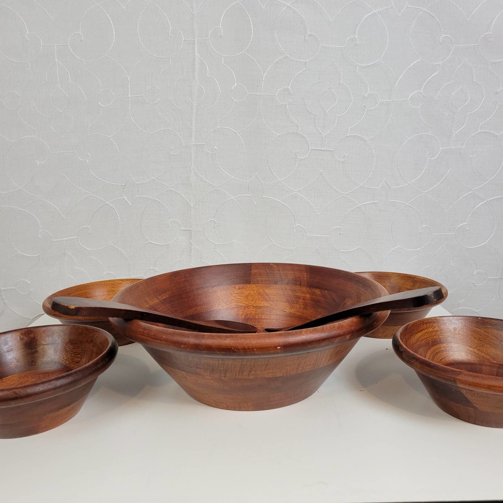 Wooden Salad Bowl Set with Tongs Vintage Kitchen Home Servings - Picture 6 of 7